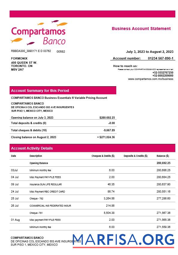 Downloadable Compartamos Banco organization account statement Word and PDF template